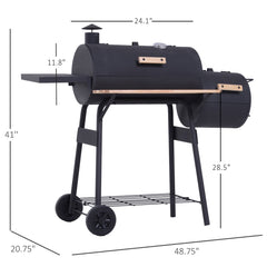 Outsunny Charcoal BBQ, Portable Grill with Wheels, All-in-One Grill, Side vent, Two Shelves and Metal Grating, Lit-Mounted Thermometer, Wooden Handle, for Outdoor Cooking, Black