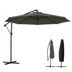 Outsunny 10 ft Offset Patio Umbrella with Cover, Hanging Cantilever Umbrella with 360° Rotation, Crank Handle, Tilt Grayish Brown