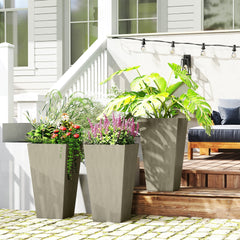 Outsunny Tall Planters for Outdoor Plants Set of 3, 28 In Taper Planters with Drainage Holes, Indoor Grande Plant Pots, Front Porch Decor, Grey