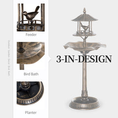 Outsunny 3 in 1 Garden Bird Bath Bowl Pedestal with Bird Feeder, Large Water Basin, Underneath Flower Planter, Bronze