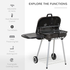 Outsunny 22" Charcoal Barbecue Grill with Portable Wheel, Side Tray and Lower Shelf for Outdoor BBQ for Garden, Backyard, Poolside