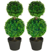 HOMCOM 2 Pcs 23.6" Artificial Boxwood Ball Topiary Tree Set of 2 Fake Plants in Pot with Double Ball-Shaped Leaves Green