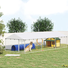 PawHut 20' x 7.5' x 5' Dog Kennel Outdoor for Large Dogs with Waterproof Roof, Silver
