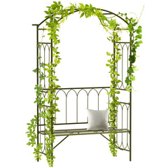 Outsunny Metal Trellis Arbor Arch for Climbing Plants with Garden Bench, Grow Grapes and Vines, Decorative Seating, Black