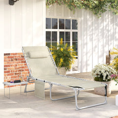 Outsunny Tanning Chair with Face Hole and Side Table, 5-Position Folding Outdoor Chaise Lounge Chair, Beige