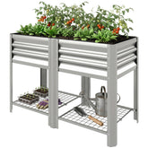 Outsunny Raised Garden Bed Galvanized Steel, Elevated Planter Box with Storage Shelf, Bed Liner, 31.5" High, Silver