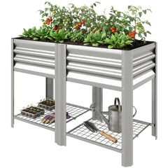 Outsunny Raised Garden Bed Galvanized Steel, Elevated Planter Box with Storage Shelf, Bed Liner, 31.5" High, Silver