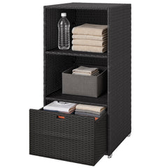 Outsunny Valet Pool Towel Rack, Water-Resistant PE Plastic Rattan Wicker Storage Organizer, 2 Shelves, 1 Basket Drawer