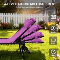 Outsunny Folding Chaise Lounge Pool Chair with 4-Position Reclining Back, Pillow, Breathable Mesh & Bungee Seat, Purple