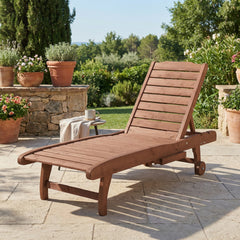 Outsunny Chaise Lounge Chair Outdoor Wooden Pool Lounge Chair with 3-level Adjustable Backrest, Built-In Table and Rolling Wheels, Sun Tanning Chair for Beach Poolside Sunbathing, Brown Red