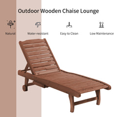 Outsunny Chaise Lounge Chair Outdoor Wooden Pool Lounge Chair with 3-level Adjustable Backrest, Built-In Table and Rolling Wheels, Sun Tanning Chair for Beach Poolside Sunbathing, Brown Red