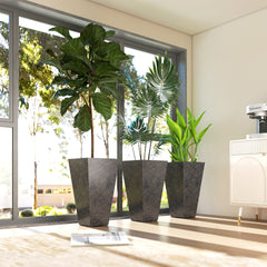 Outsunny 28" Tall Planters, Set of 3 Plastic Flower Pots with Marble Finish and Drainage Holes, Stackable Taper Planters, Black