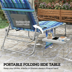 Outsunny Tanning Chair with Face Hole and Side Table, 5-Position Folding Outdoor Chaise Lounge Chair, Blue Stripe