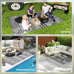 Outsunny Reversible Outdoor Rug, Waterproof Plastic Straw with Carry Bag, 6' x 9', Black & White Geometric Wall