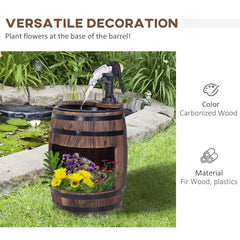 Outsunny 23" H Outdoor Water Fountain Wood and Plastic Rustic Apple Barrel Pump Garden Decor for Outside Backyard