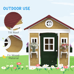 Outsunny Wooden Playhouse for Kids Outdoor with Doors, Windows, Planter Pots and Boxes for Toddlers 3-8 Years, Beige