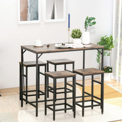 HOMCOM 5-Piece Industrial Dining Table Set, Bar Table & 4 Stools Set, Space Saving for Pub & Kitchen, Rustic Brown/Black