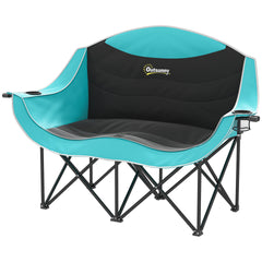 Outsunny Padded Folding Camp Chair for Adults, Double Camping Chair with Armrests, Cup Holders, Carry Bag for Outdoor, Green