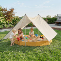 Qaba Wooden Sandbox with Large Canopy, Outdoor Sand Box with 4 Bench Seats, Bottom Liner for 8 Kids Aged 3-8, Yellow