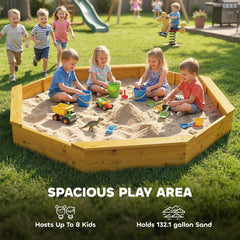 Qaba Wooden Sandbox with Large Canopy, Outdoor Sand Box with 4 Bench Seats, Bottom Liner for 8 Kids Aged 3-8, Yellow