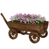 Outsunny Wooden Wagon Planter Box, Mobile Garden Planter with 4 Wheels, Small Wheelbarrow Wagon Flower Cart with Drainage Hole
