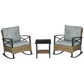 Outsunny 3 Piece Patio Rocking Chair Set, Outdoor Wicker Bistro Set with 2 Oversize Cushioned Porch Rockers and 2 Tier Coffee Table for Garden, Backyard, Light Gray