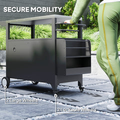 Outsunny Outdoor Grill Cart Table with Stainless Steel Top, Movable Pizza Oven Table with Foldable Side Table, Wheels