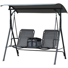 Outsunny 2-Seat Outdoor Porch Swing, with Pivot Storage Table, Cup Holder, & Adjustable Overhead Canopy, Stand's Skid-Resistant Feet Pad, Breathable Mesh Seat, Steel Frame, for Patio, Gray
