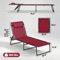 Outsunny Folding Chaise Lounge Pool Chair with 4-Position Reclining Back, Pillow, Breathable Mesh & Bungee Seat, Wine Red