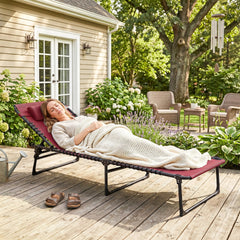 Outsunny Folding Chaise Lounge Pool Chair with 4-Position Reclining Back, Pillow, Breathable Mesh & Bungee Seat, Wine Red