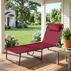 Outsunny Folding Chaise Lounge Pool Chair with 4-Position Reclining Back, Pillow, Breathable Mesh & Bungee Seat, Wine Red