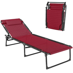 Outsunny Folding Chaise Lounge Pool Chair with 4-Position Reclining Back, Pillow, Breathable Mesh & Bungee Seat, Wine Red