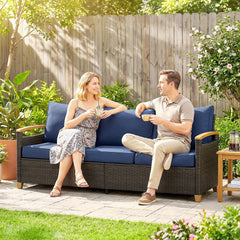 Outsunny 3 Seater Outdoor Couch Sofa, PE Wicker Patio Sofa, Wide Deep Seat, 4" Cushions, Wood-Effect Armrests Legs, Dark Blue