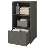 Outsunny Valet Pool Towel Rack, Water-Resistant PE Plastic Rattan Wicker Storage Organizer, 2 Shelves, 1 Basket Drawer, Dark Gray