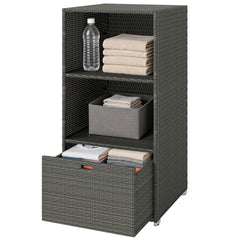Outsunny Valet Pool Towel Rack, Water-Resistant PE Plastic Rattan Wicker Storage Organizer, 2 Shelves, 1 Basket Drawer, Dark Gray