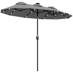 Outsunny Double-sided Patio Umbrella, 9.7' Outdoor Umbrella with Tilt and Crank, LED Solar Light and 12 Ribs, Gray