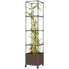Outsunny Raised Garden Bed with Trellis, Tomato Cage with Lockable Wheels, Self Watering Planter Box with Drainage Holes, Brown