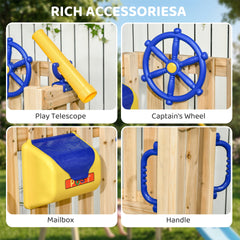 Outsunny Swing Set for Backyard, Wooden Toddler Outdoor Playset with Baby Swing Seat, Kids Slide, Fort, Playground Equipment with Captain's Wheel, Telescope for Ages 1.5-4, Natural