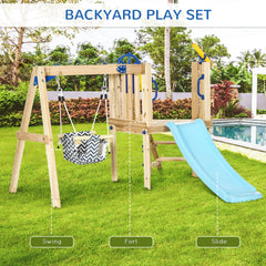 Outsunny Swing Set for Backyard, Wooden Toddler Outdoor Playset with Baby Swing Seat, Kids Slide, Fort, Playground Equipment with Captain's Wheel, Telescope for Ages 1.5-4, Natural