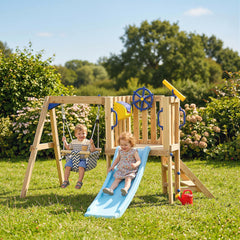 Outsunny Swing Set for Backyard, Wooden Toddler Outdoor Playset with Baby Swing Seat, Kids Slide, Fort, Playground Equipment with Captain's Wheel, Telescope for Ages 1.5-4, Natural