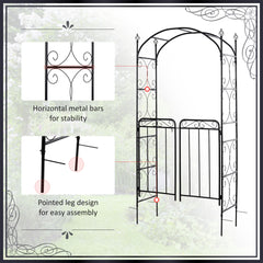 Outsunny 84" Garden Arch Arbor with Gate, Metal Arch Trellis, Garden Archway for Climbing Vines, Wedding Ceremony Decoration, Flourishes & Arrow Tips, Black