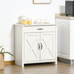 HOMCOM Farmhouse Sideboard Cabinet with Barn Doors Kitchen Buffet Cabinet with Drawer and Adjustable Shelf Stone White Wash