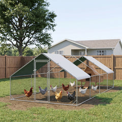 PawHut Large Chicken Coop Metal Chicken Run with Waterproof and Anti-UV Cover, Spire Shaped Walk in Fence Cage Hen House for Outdoor and Yard Farm Use, 1" Tube Diameter, 9.8' x 26.2' x 6.6'