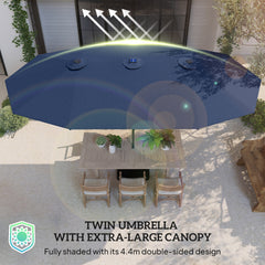 Outsunny Garden Parasol 14.4ft Double-Sided Sun Umbrella with Base, Patio Parasol with LED Solar Lights, Navy Blue