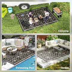 Outsunny Reversible Outdoor Rug, Waterproof Plastic Straw with Carry Bag, 9' x 12', Black & Beige Rhombus