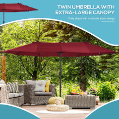 Outsunny Extra Large 15 ft Patio Umbrella, Double-Sided Wide Outdoor Umbrella with Crank Handle and Air Vents for Backyard, Deck, Pool, Market, Wine Red