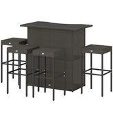 Outsunny 5 Piece Rattan Wicker Bar Set, High Top Outdoor Table and Chairs, Bar Height Patio Set, 2 Shelves & 4 Bar Stools, Brown