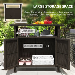 Outsunny Wicker Outdoor Storage Cabinet with Two Doors and Shelf for Outdoor Pool Towel Storage, Dark Coffee