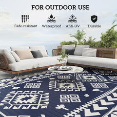 Outsunny Reversible Outdoor Rug, Waterproof Plastic Straw with Carry Bag, 9' x 18', Blue & White Rhombus Patchwork