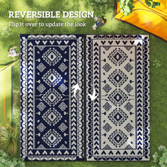 Outsunny Reversible Outdoor Rug, Waterproof Plastic Straw with Carry Bag, 9' x 18', Blue & White Rhombus Patchwork